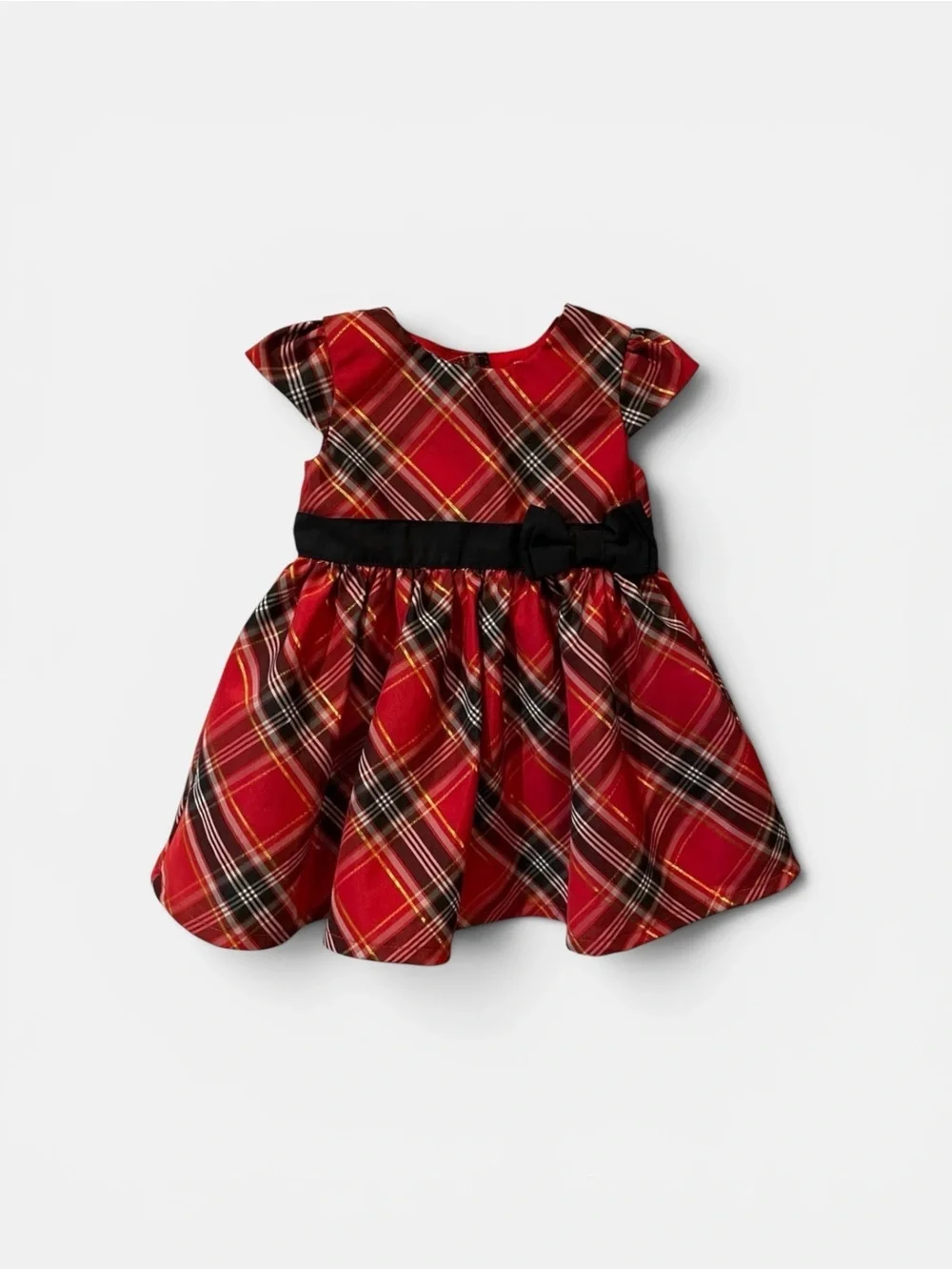 Infant Holiday Red Plaid Dress with Black Bow